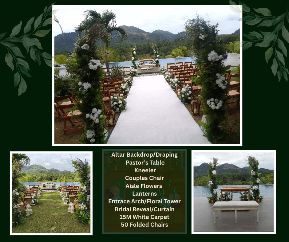 Outdoor wedding aisle with wooden chairs facing green mountains