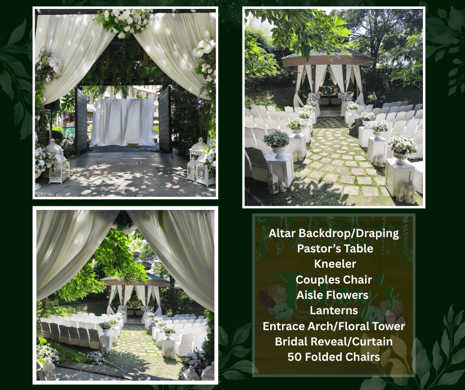 White draped garden gazebo with a stone aisle and ceremony chairs