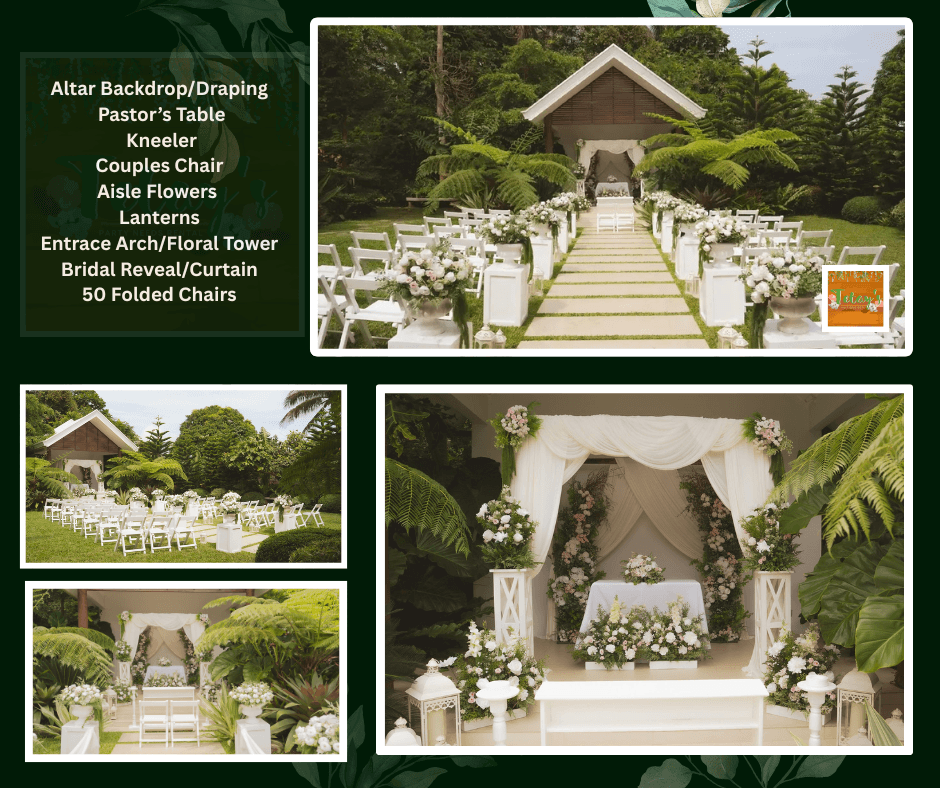 White ceremony chairs lining a wooden aisle toward a garden chapel