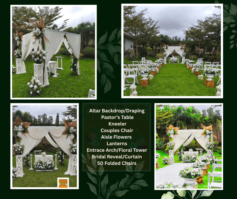 Outdoor garden ceremony with a white floral arbor and white chairs