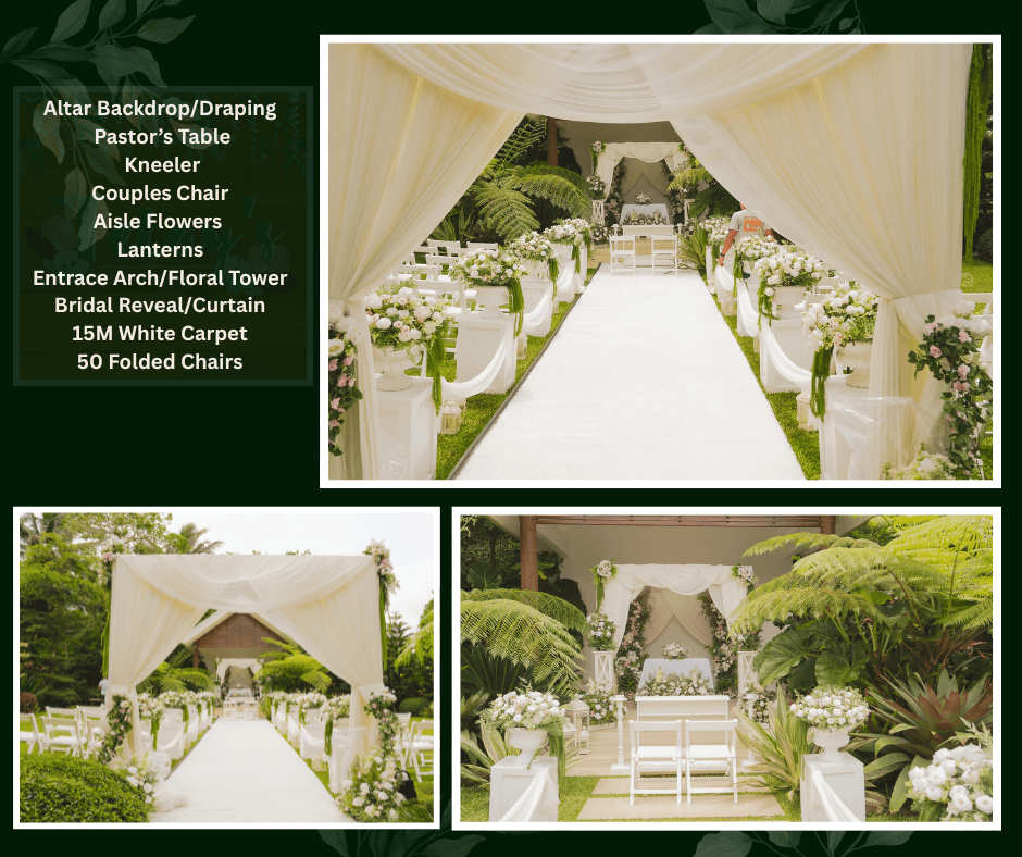White canopy and aisle arranged for a lush garden ceremony