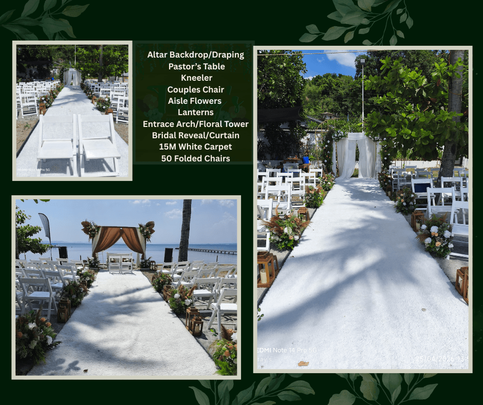 Long white carpet aisle with white chairs in a sunny garden
