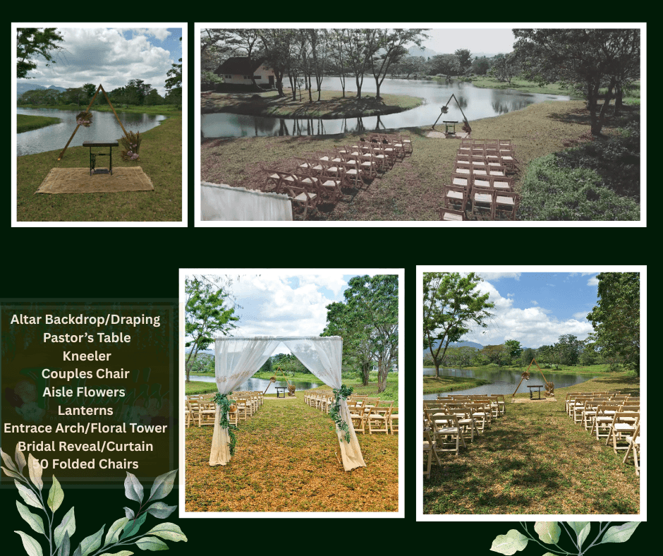 Rustic wooden ceremony chairs arranged beside a lake
