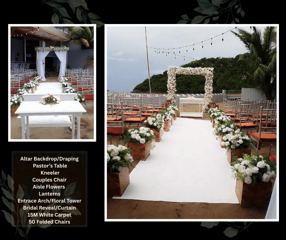 Outdoor aisle with wooden chairs and white flowers overlooking the sea
