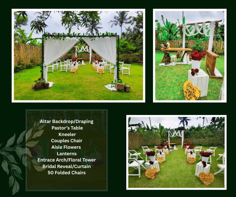 Rustic tropical lawn ceremony with white draping and wooden accents