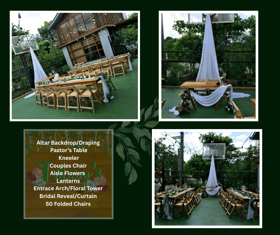 Outdoor courtyard ceremony with wooden chairs and a tall white fabric feature