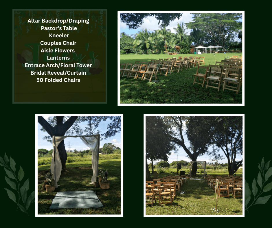 Rustic wooden chairs and a draped altar arranged beneath mature garden trees