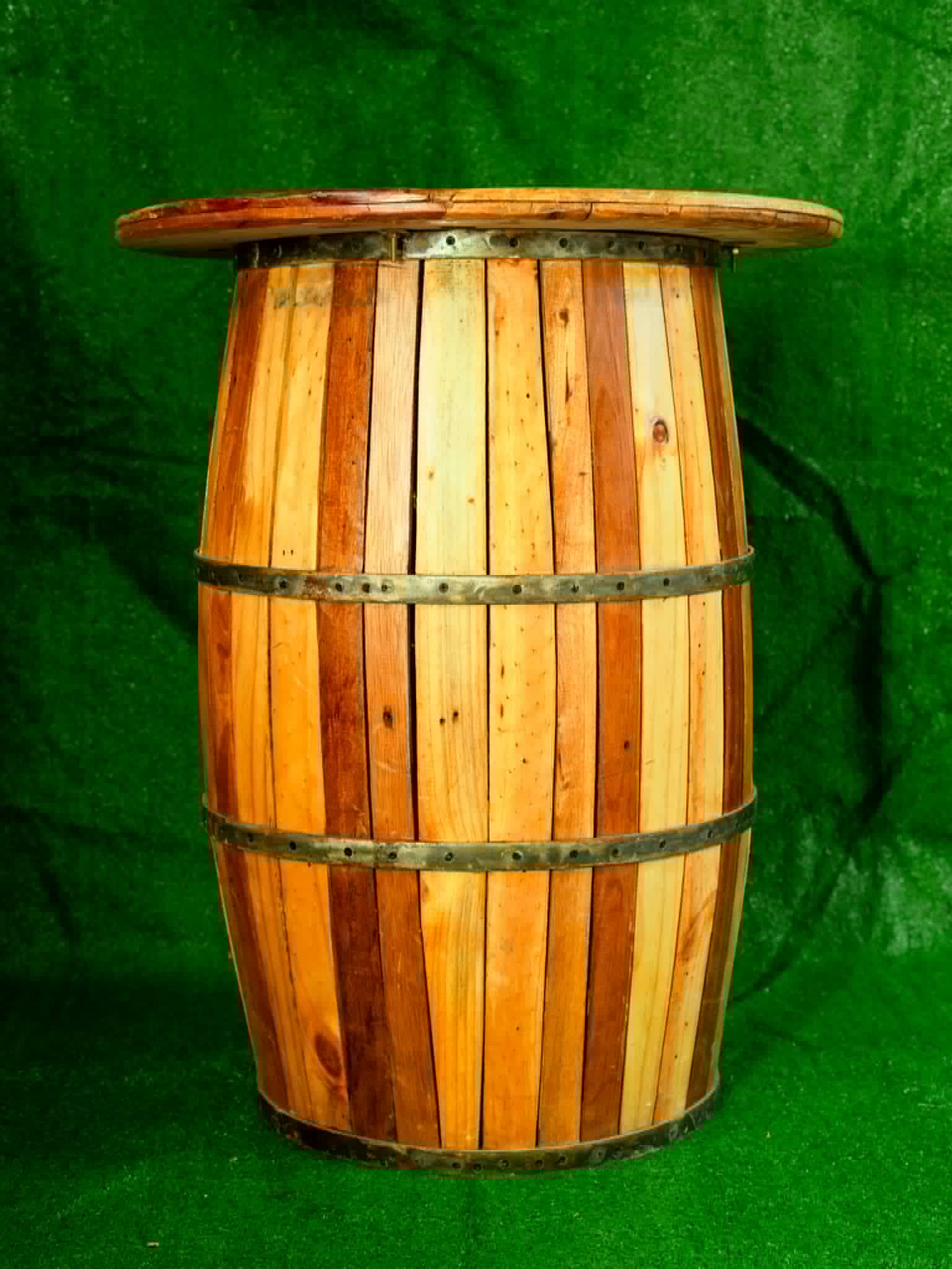 Tall wooden barrel cocktail table with round top