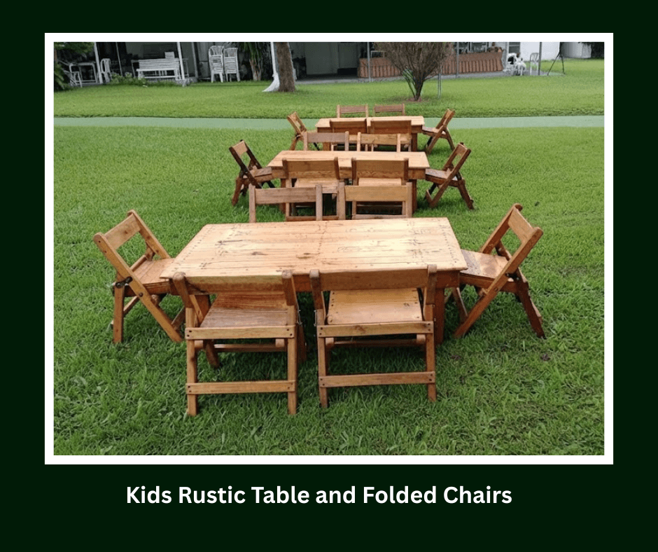Children's rustic tables and folding chairs arranged on a lawn