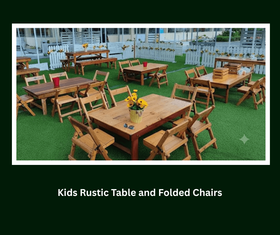 Children's rustic tables and folding chairs decorated for a party