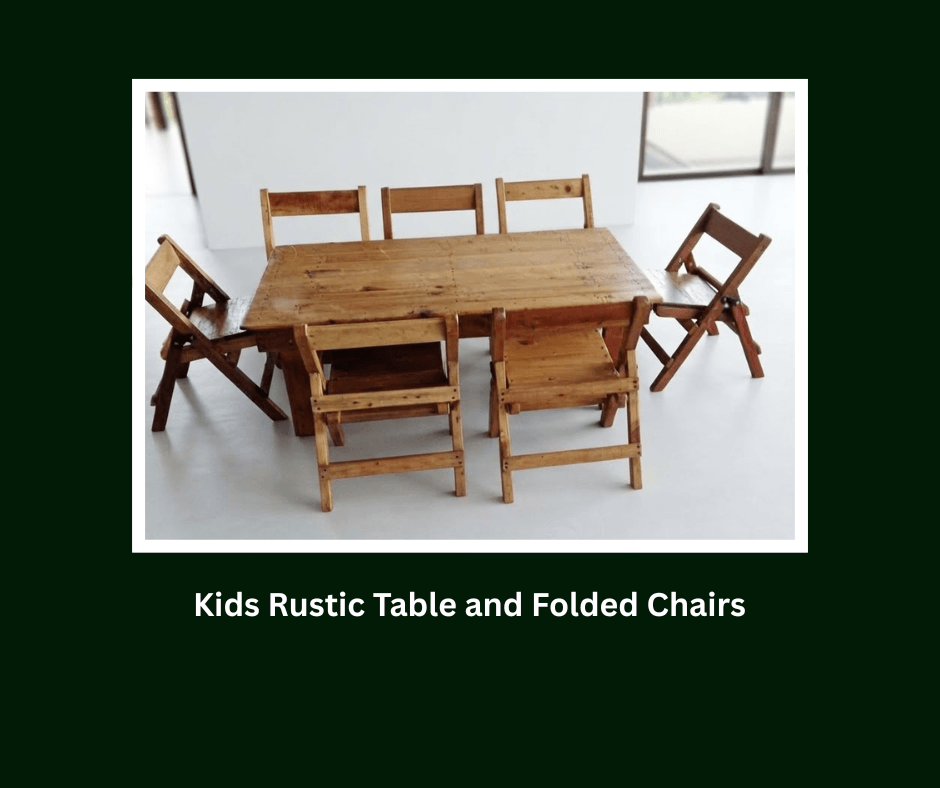 Children's rustic wooden table with matching folding chairs indoors