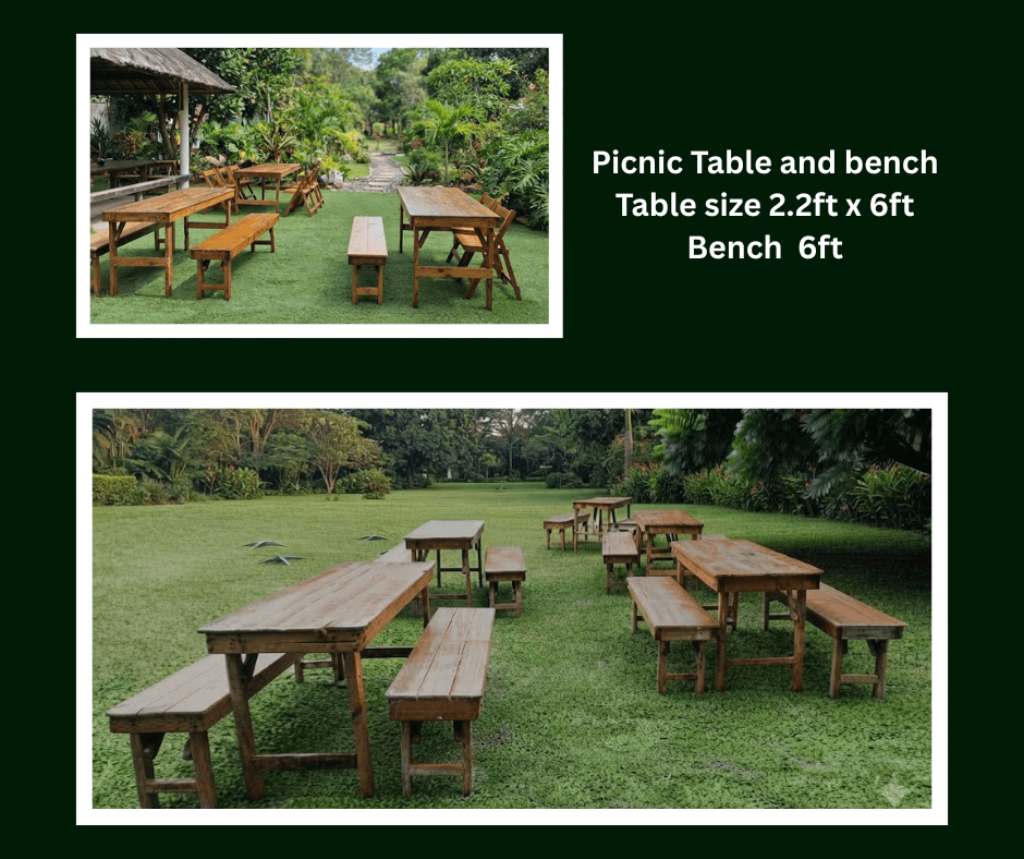 Rustic picnic tables and benches arranged on a garden lawn