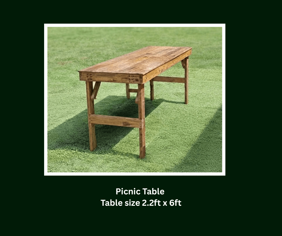 Rustic wooden picnic table measuring approximately two feet by six feet