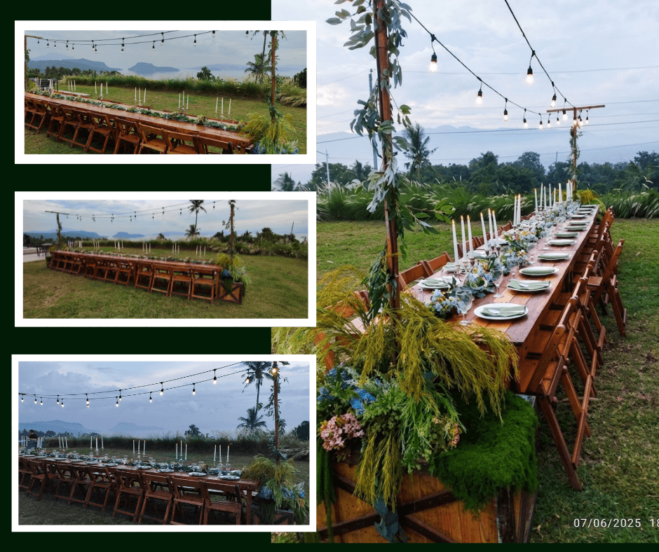 Rustic outdoor banquet table setups beneath string lights