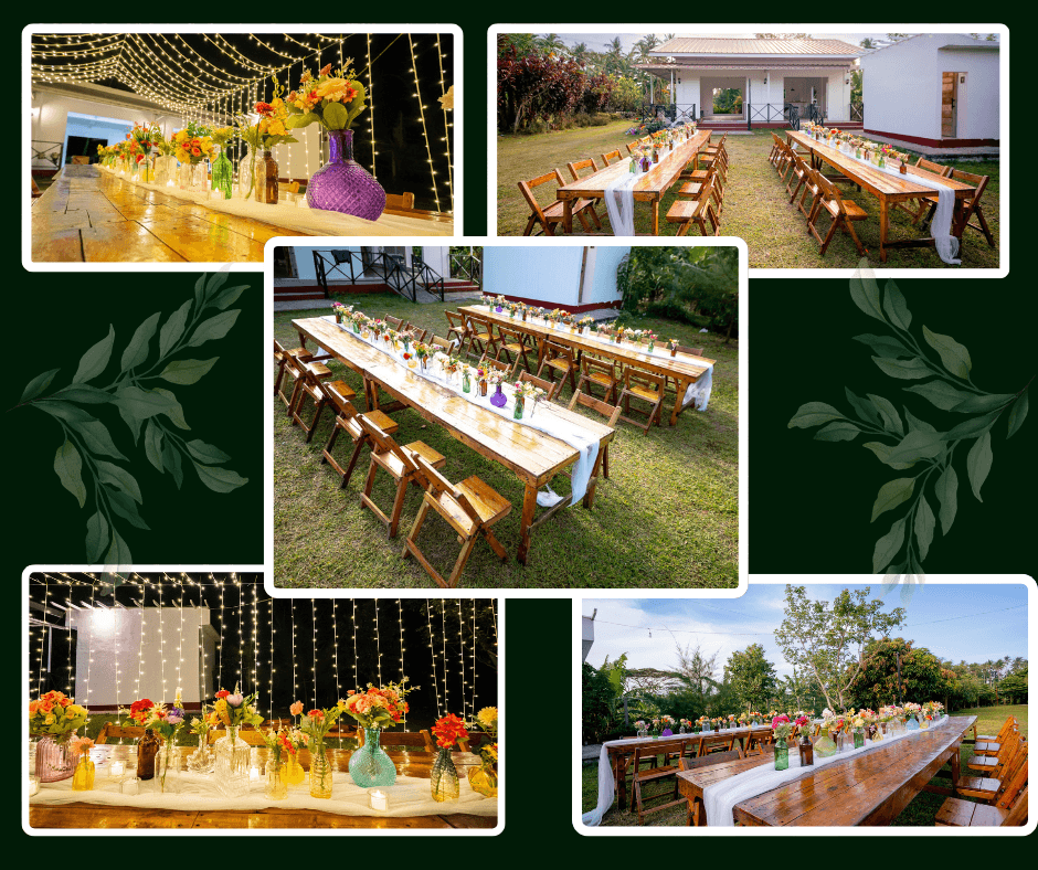 Collection of rustic garden table arrangements