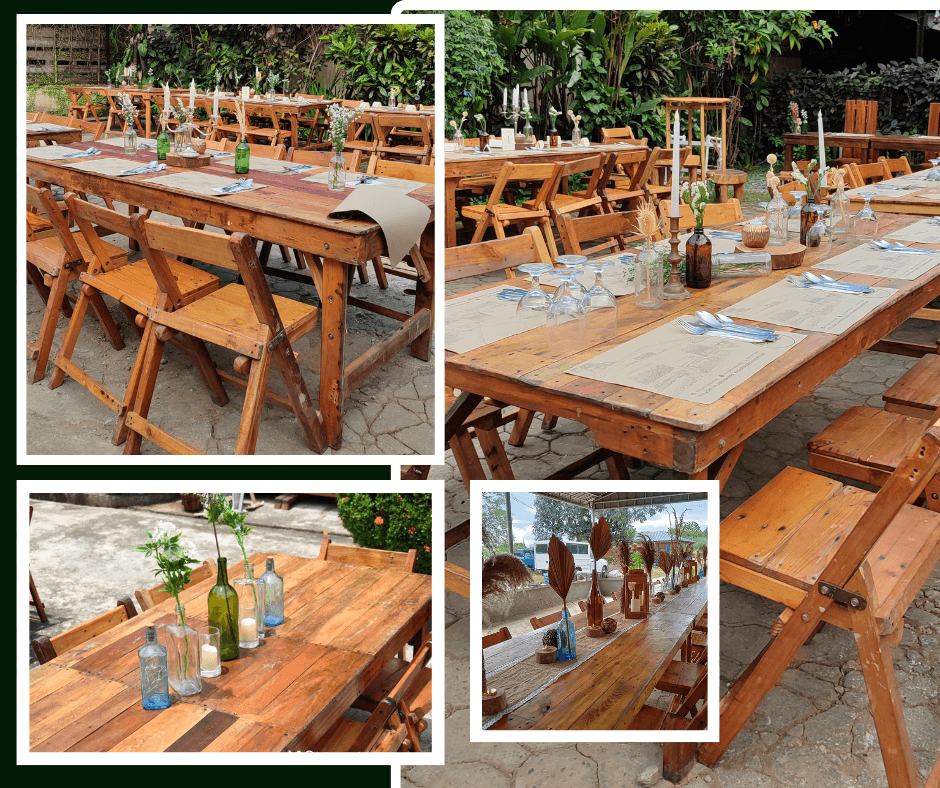 Natural wood picnic tables with simple centerpieces