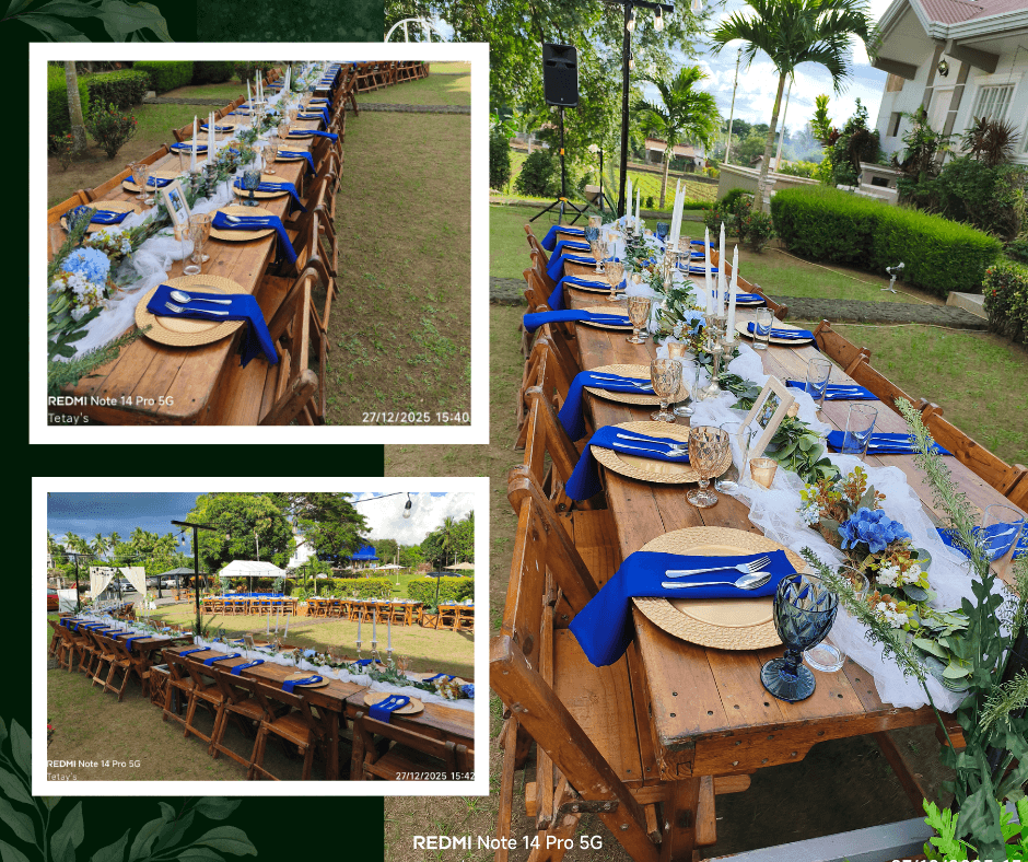 Outdoor tables dressed with vivid blue linens