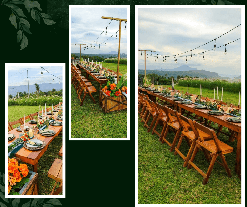 Long tables overlooking a mountain landscape