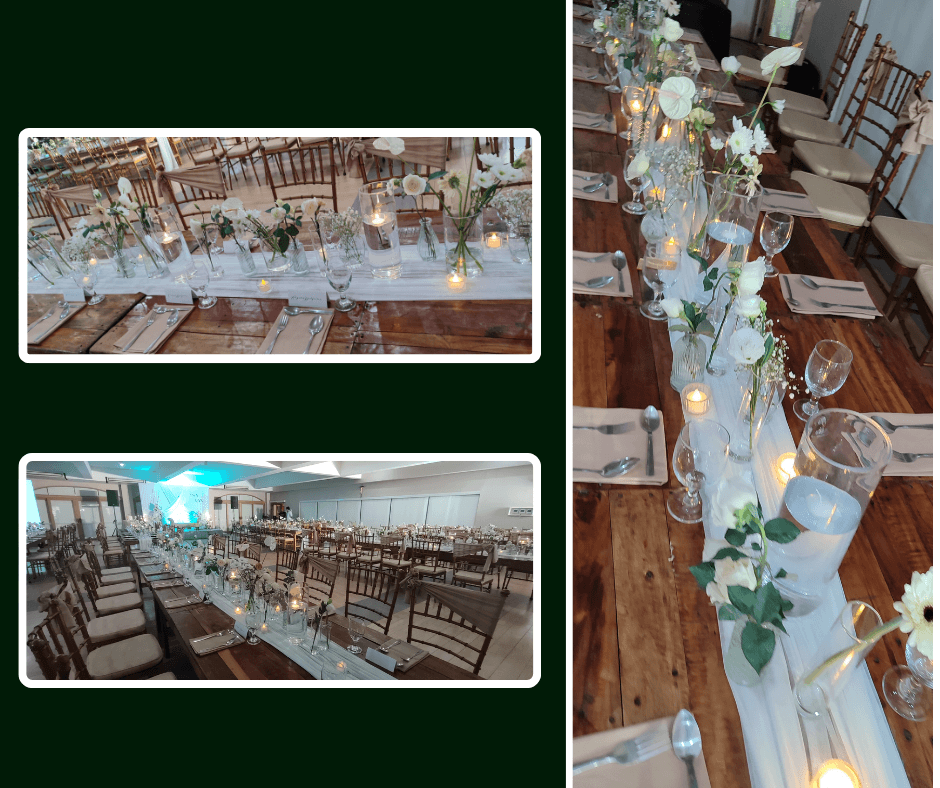 Reception tables with pale blue glassware and florals