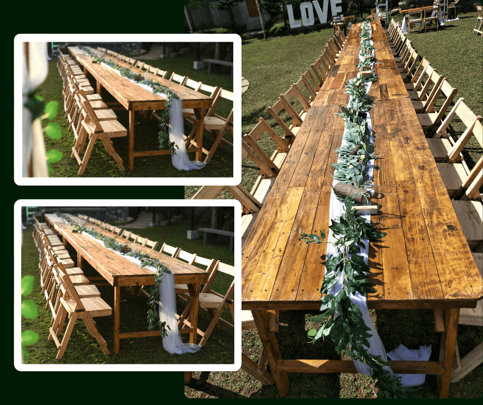 Long wooden table with greenery centerpiece runner