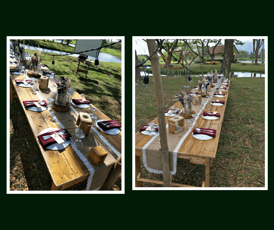 Outdoor wooden banquet tables with colorful place settings