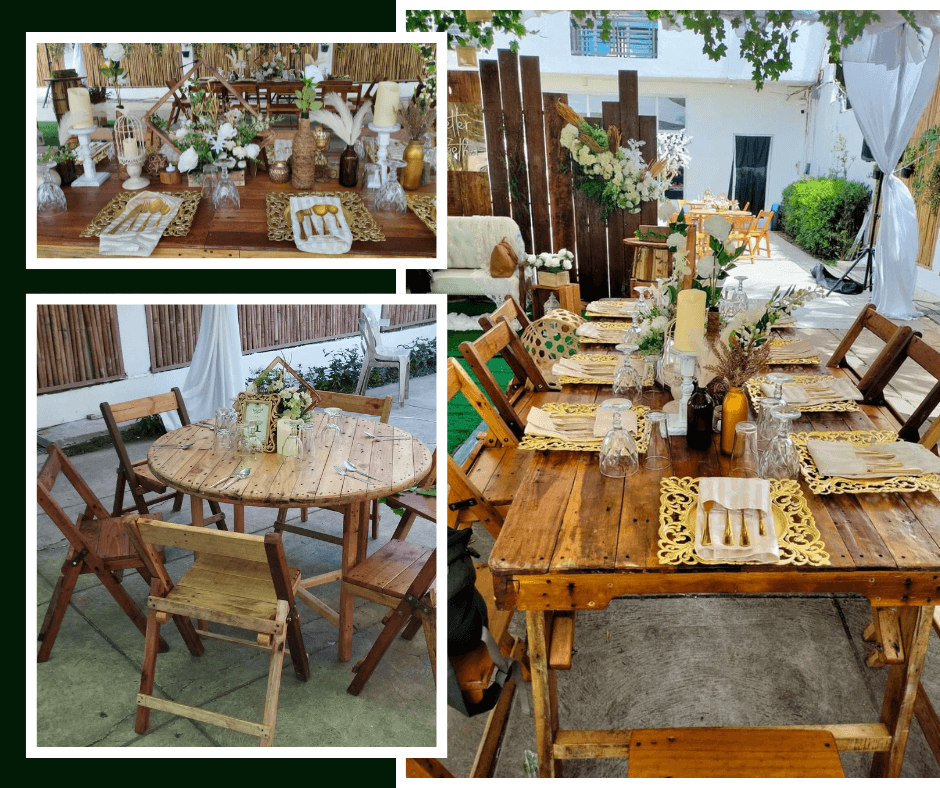 Rustic reception tables styled with neutral florals