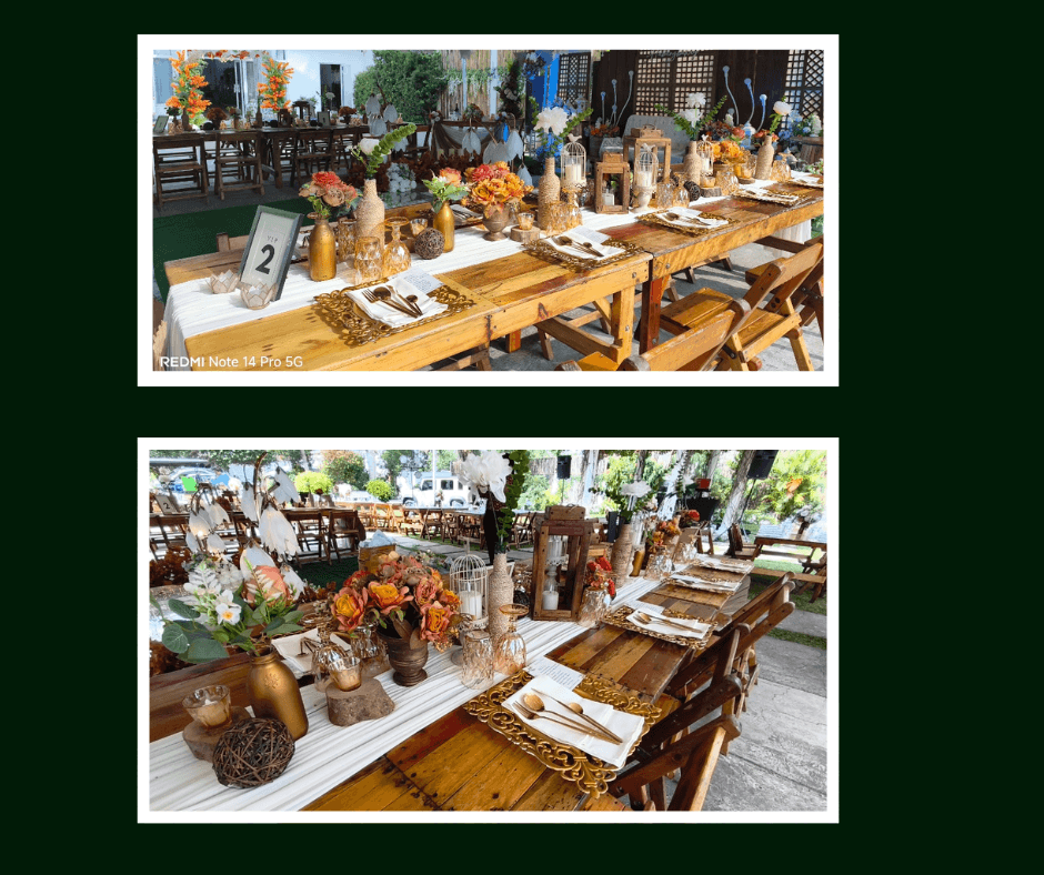 Wooden banquet table with warm floral centerpieces