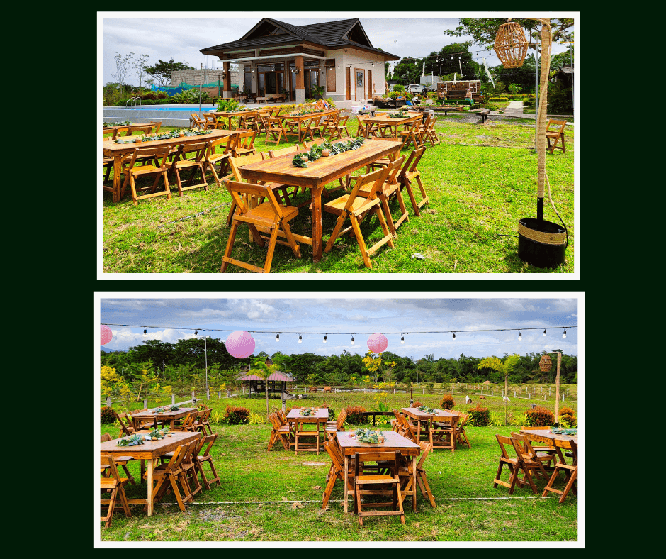 Garden reception tables arranged on a lawn