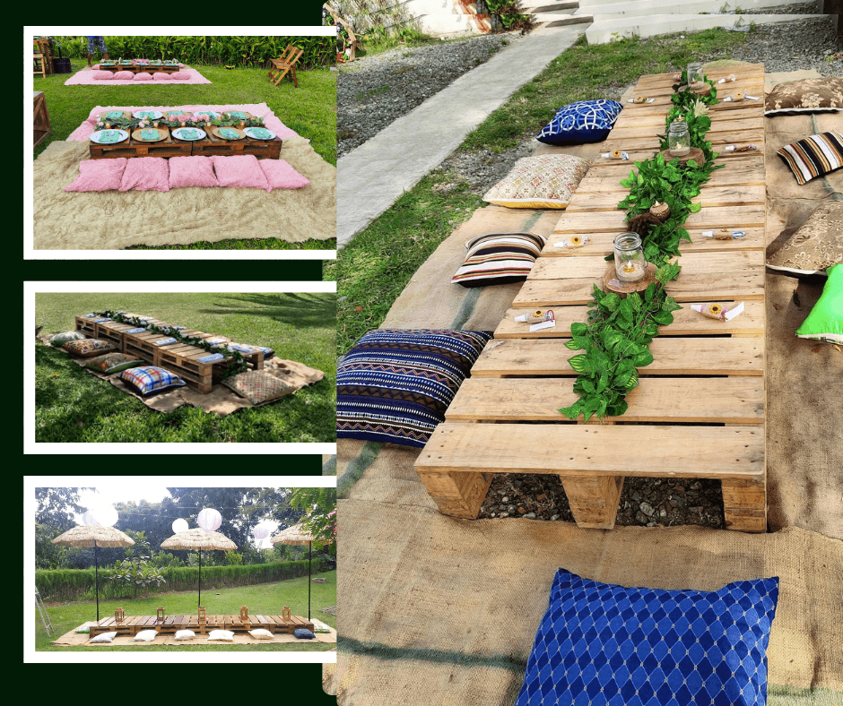 Low outdoor picnic table arrangement with floor cushions