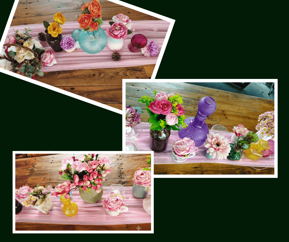Colorful floral centerpieces arranged in vintage glassware