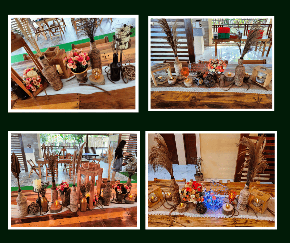 Rustic tabletop displays with bottles, lanterns, and warm accents