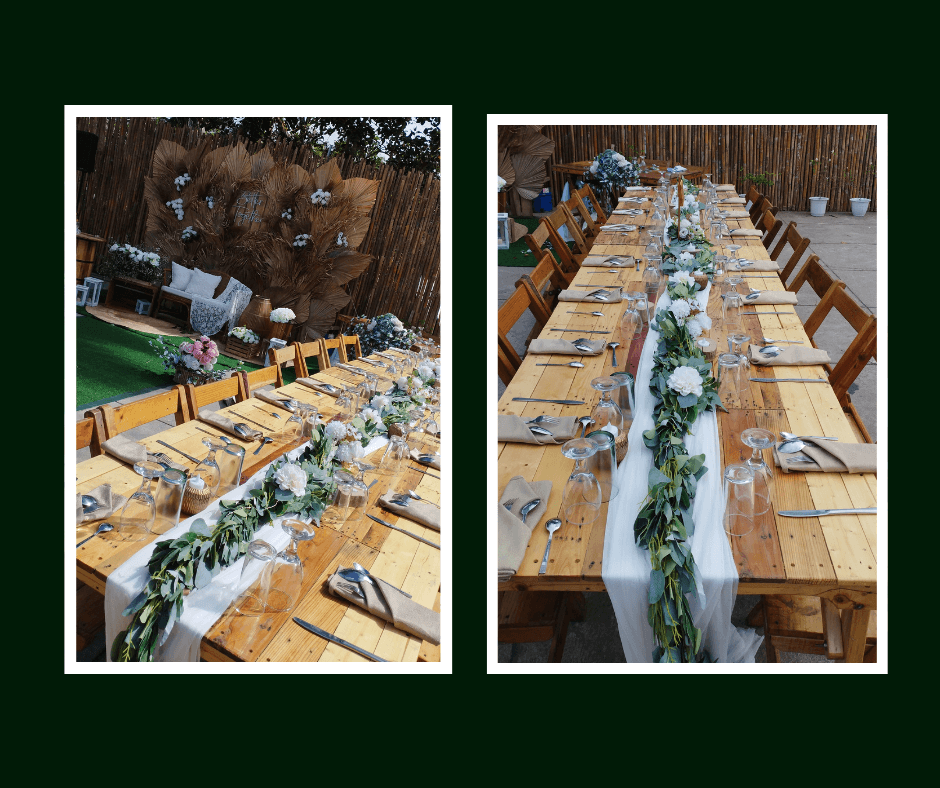 Long banquet tables styled with greenery and pale blue details