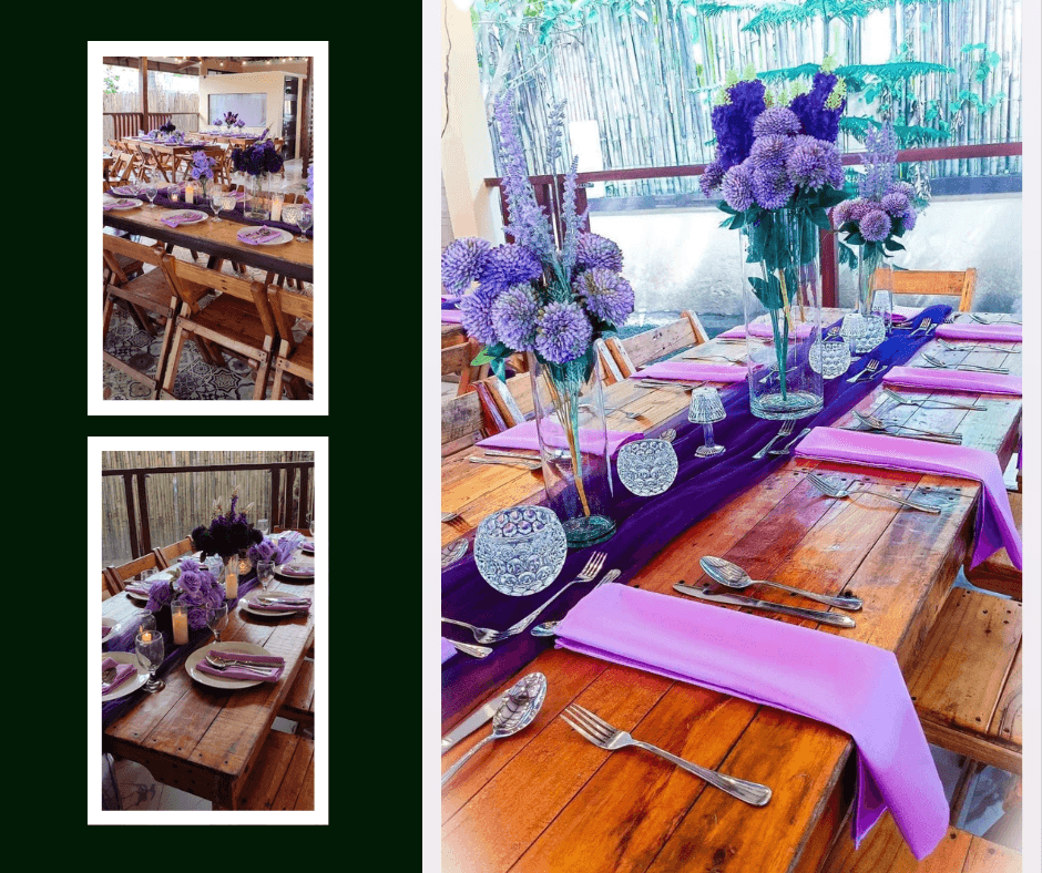 Wooden table setting with purple florals and bright linens