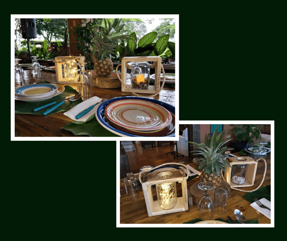 Rustic place settings with lanterns and natural tropical accents