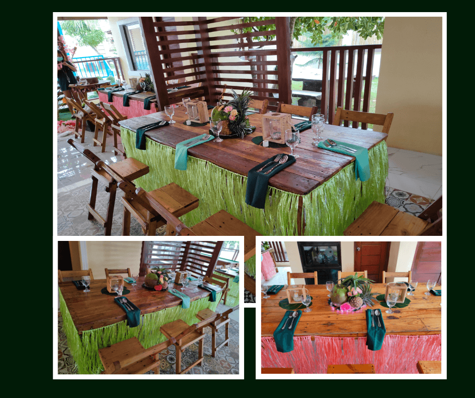 Colorful table arrangements with green and coral linens
