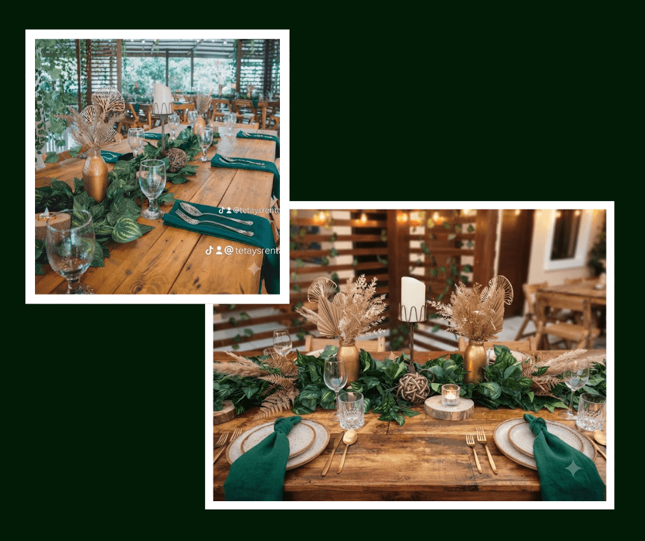 Forest green place settings with natural wood and dried florals