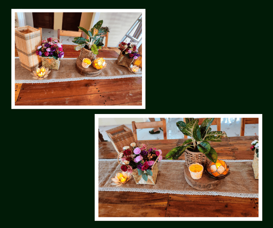 Bright floral centerpiece collection on rustic wood tables