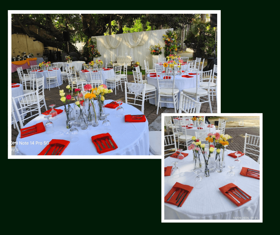Round outdoor tables dressed in white with vivid red accents