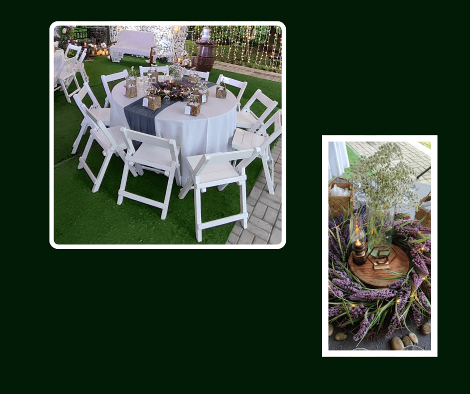 Round garden table and rustic centerpiece inspiration