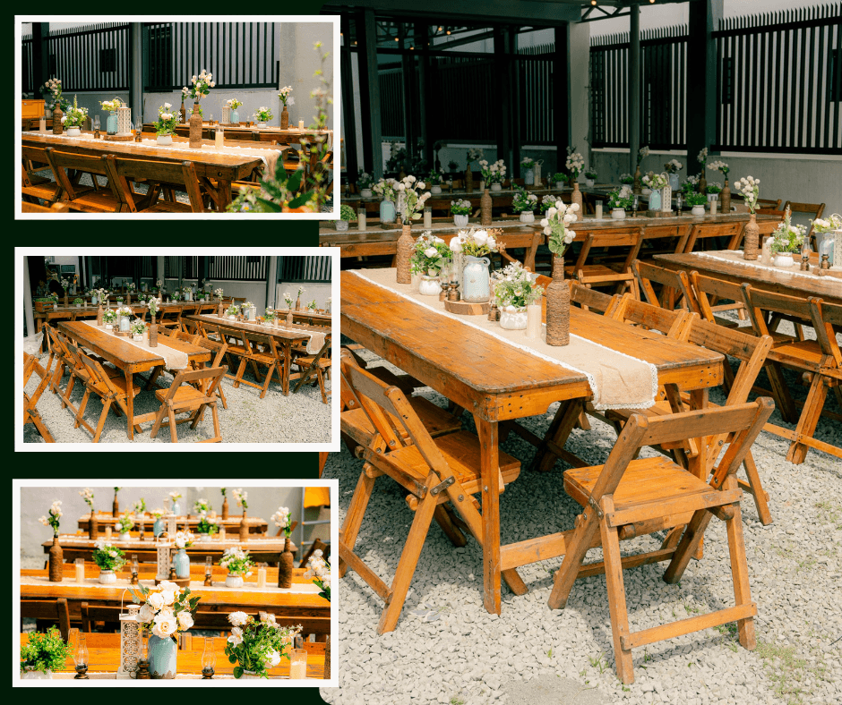Rustic wooden dining tables with floral centerpieces