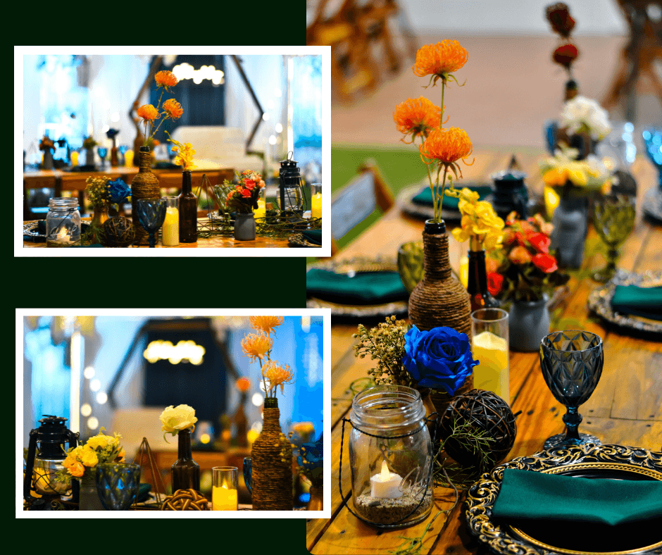 Formal table setting with orange and blue floral accents
