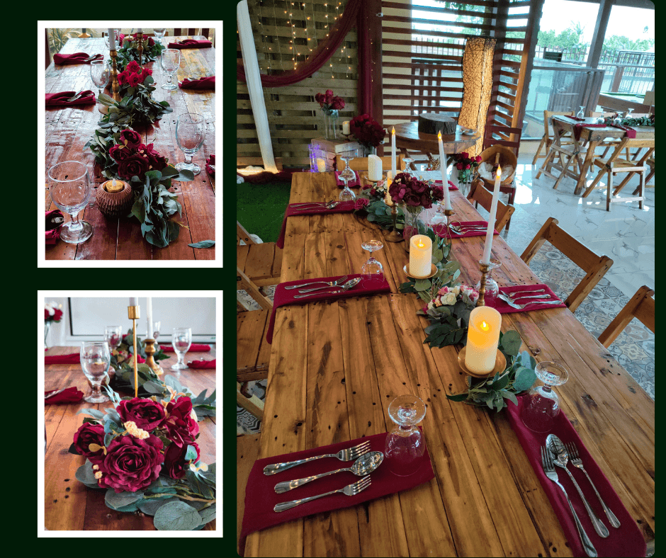 Warm wooden table setting with burgundy napkins
