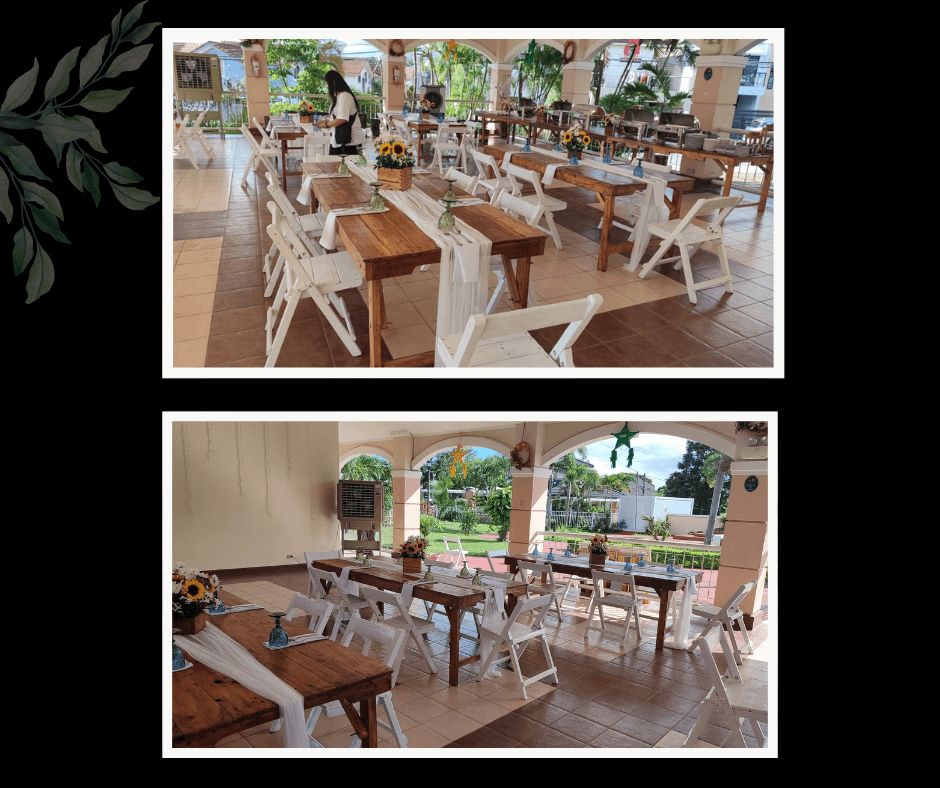 Airy reception tables styled in white and natural wood