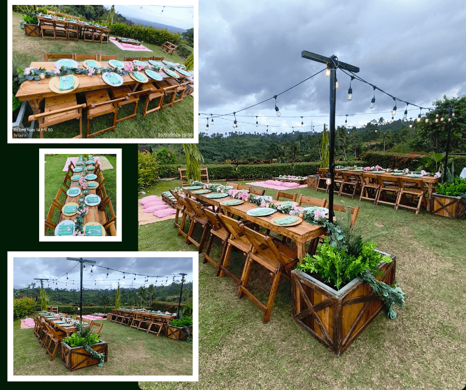 Outdoor banquet tables with turquoise place settings