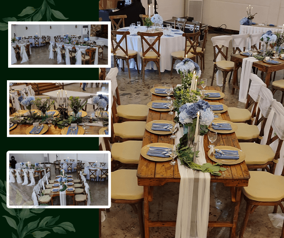Indoor reception tables with white draping and tableware